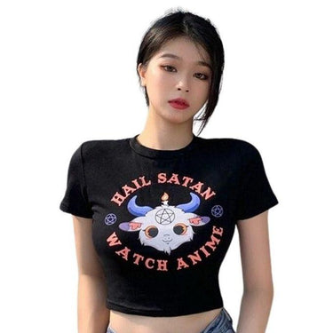 Hail Satan, Watch Anime Cartoon Goat Pentagram Cropped Top: A Cute and Evil Way to Express Yourself from NSE Imports #1.